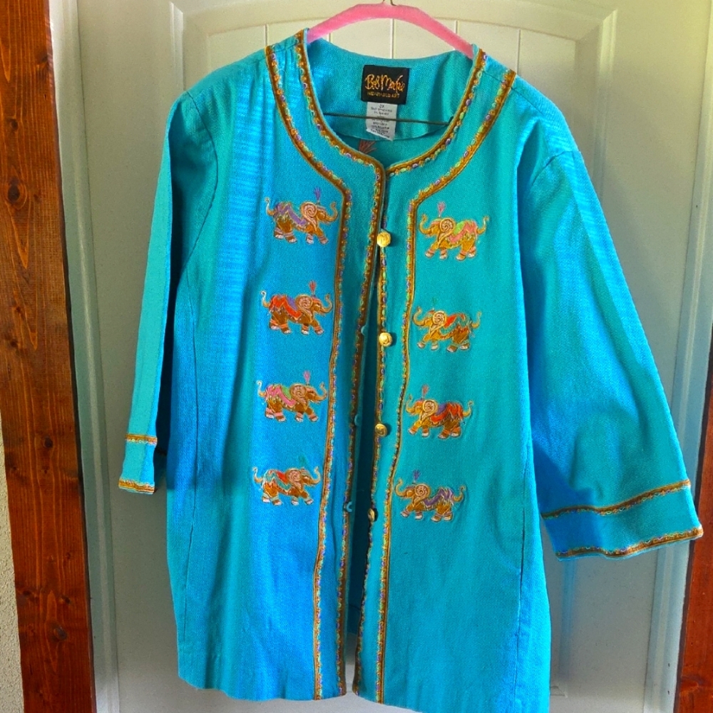 Bob Mackie Turquoise Jacket with Orange Embroidery Elephants